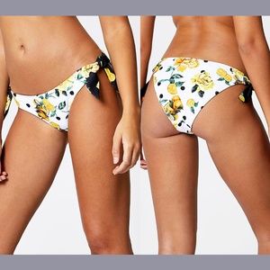 NEW River Island [ 6 US‎ ] Floral Lemon Blocked Tie Side Bikini Bottom White